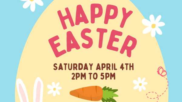 A festive Easter invitation featuring "HAPPY EASTER" in pink bubbly text, an event time of April 4th, 2pm to 5pm, and playful illustrations of bunny ears, a carrot, and white daisies.