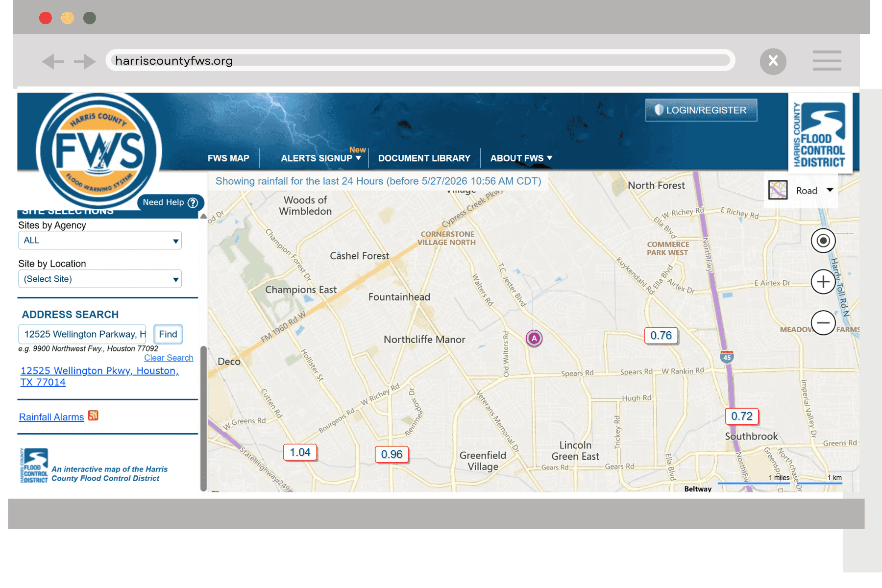 Browser screenshot of the Harris County Flood Warning System map showing recent rainfall totals, with address search panel and navigation for alerts, maps, and documents.