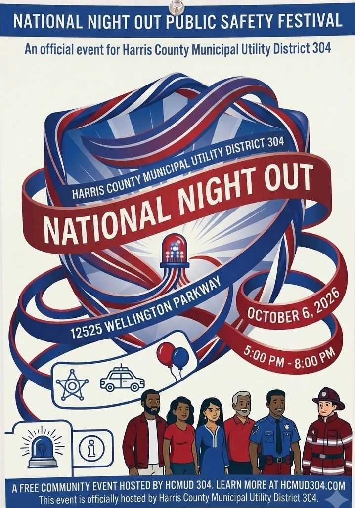 Flyer for Harris County Municipal Utility District 304 National Night Out Public Safety Festival, October 6, 2026, featuring public safety themes, community members, and first responders.