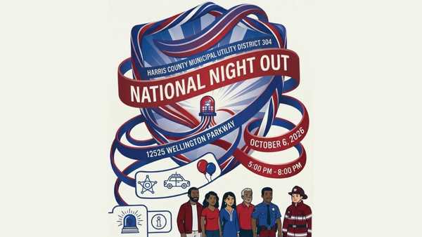 Flyer for Harris County Municipal Utility District 304 National Night Out Public Safety Festival, October 6, 2026, featuring public safety themes, community members, and first responders.